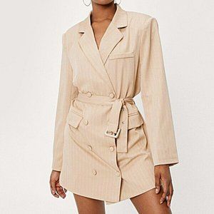 NASTY GAL Pinstripe Blazer Jacket Dress 4 Double Breasted Mini Beige Corpcore